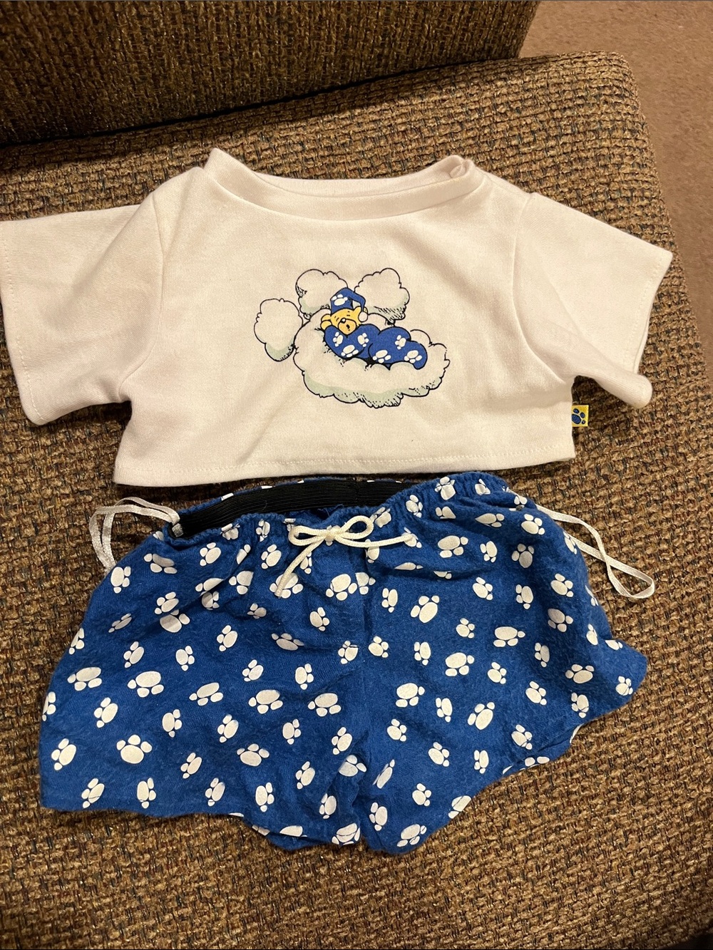 Build A Bear White Top and Blue Paw-Print pajamas